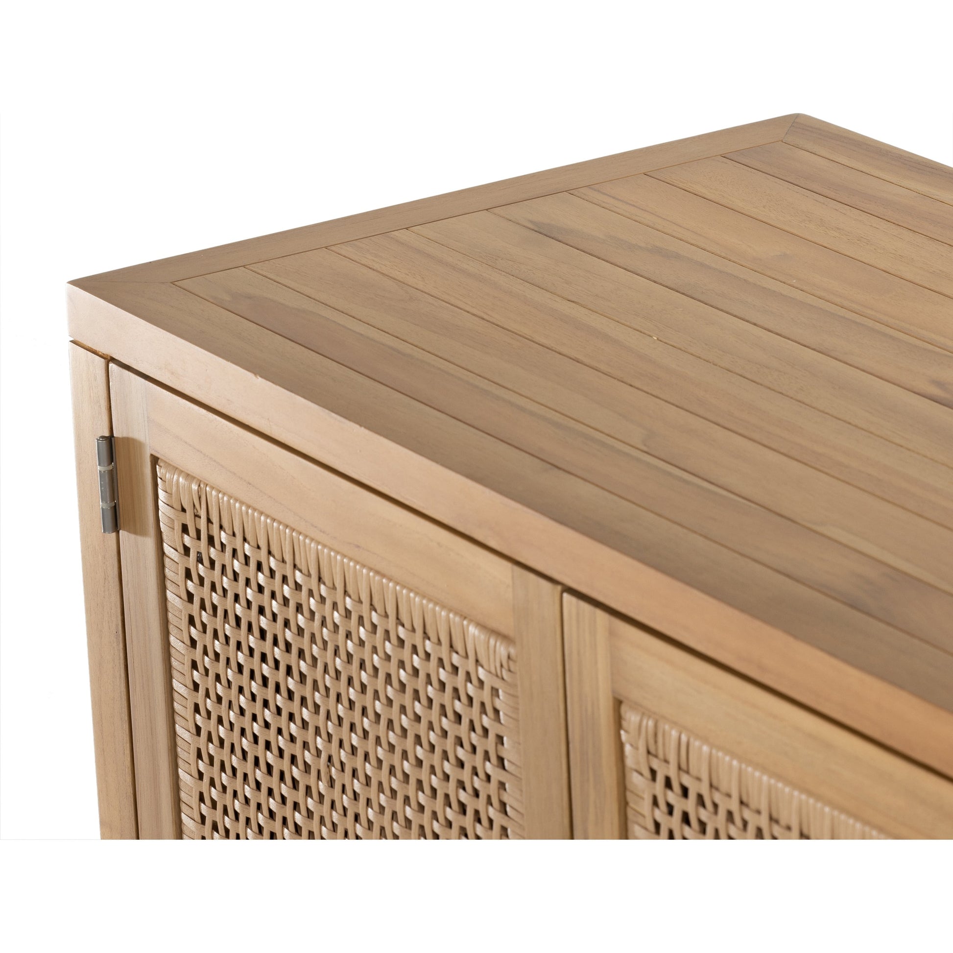 Merit Outdoor Sideboard by Four Hands in faux rattan, natural teak. Made from solid fsc®-certified teak, 100% polyethylene in a coastal style.