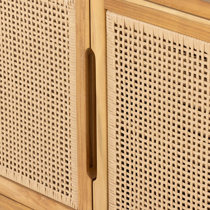 Merit Outdoor Sideboard by Four Hands in faux rattan, natural teak. Made from solid fsc®-certified teak, 100% polyethylene in a coastal style.