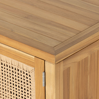 Merit Outdoor Sideboard by Four Hands in faux rattan, natural teak. Made from solid fsc®-certified teak, 100% polyethylene in a coastal style.