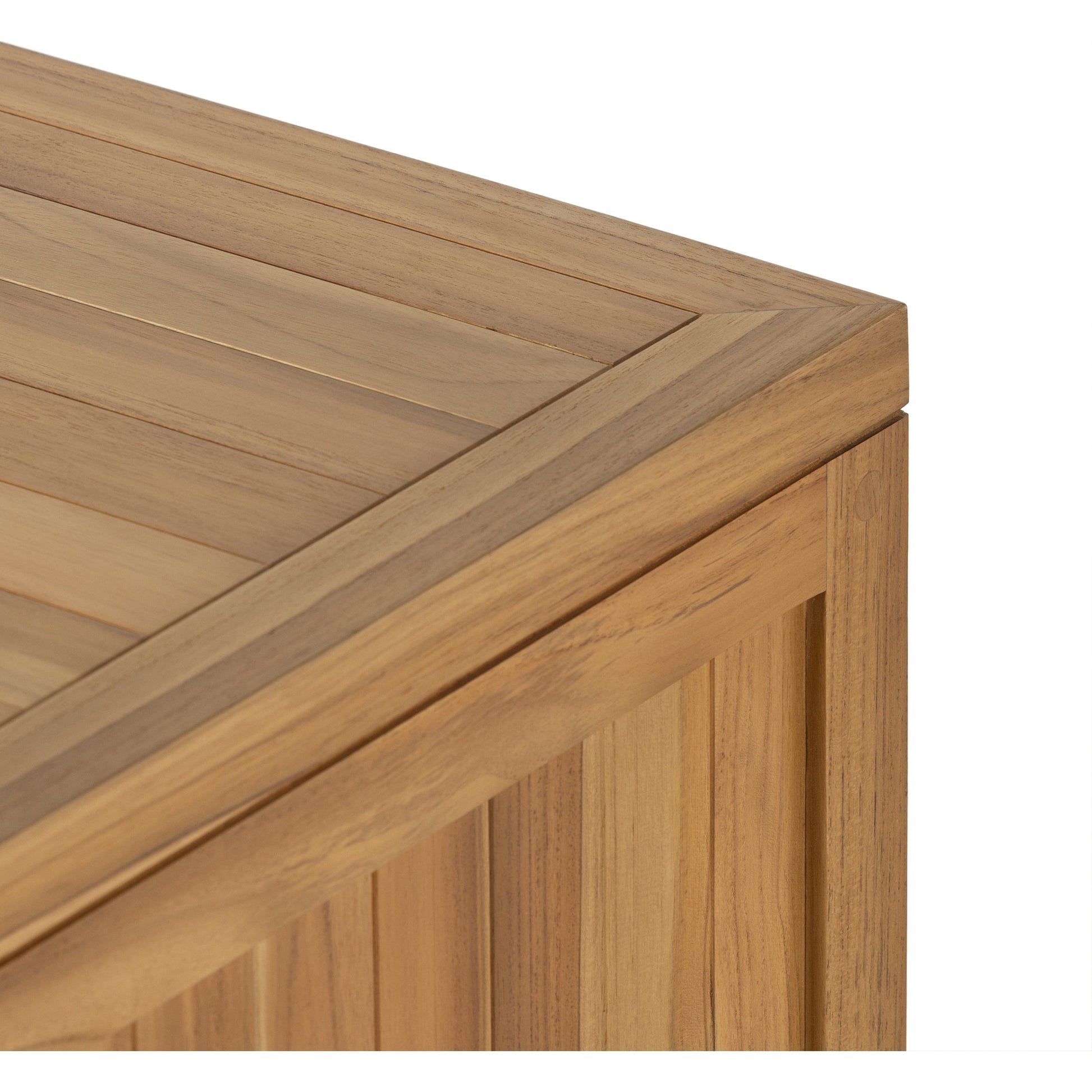Merit Outdoor Sideboard by Four Hands in faux rattan, natural teak. Made from solid fsc®-certified teak, 100% polyethylene in a coastal style.