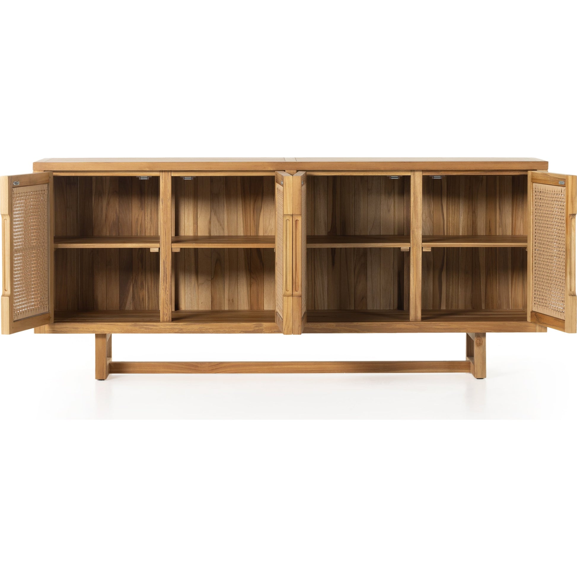 Merit Outdoor Sideboard by Four Hands in faux rattan, natural teak. Made from solid fsc®-certified teak, 100% polyethylene in a coastal style.