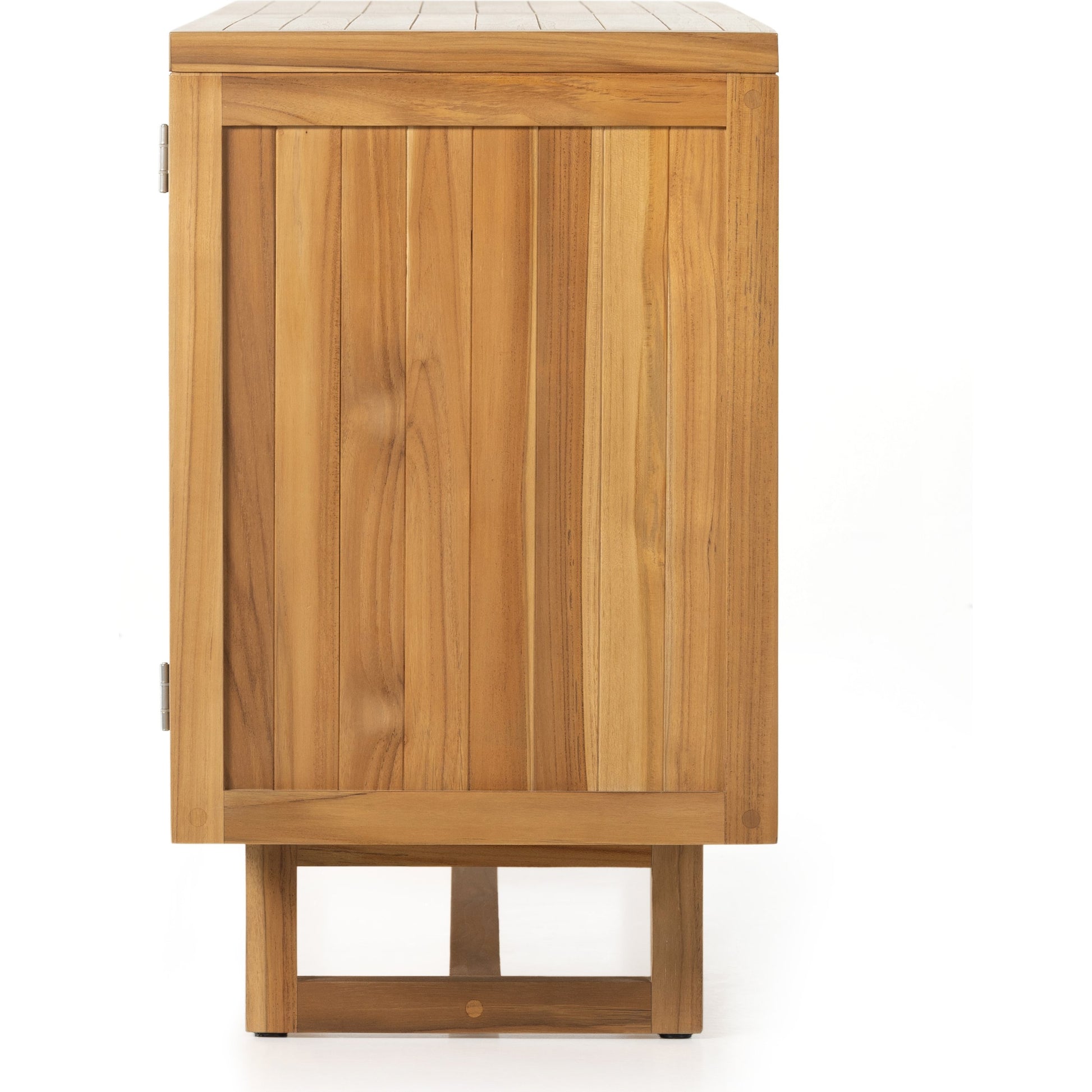 Merit Outdoor Sideboard by Four Hands in faux rattan, natural teak. Made from solid fsc®-certified teak, 100% polyethylene in a coastal style.