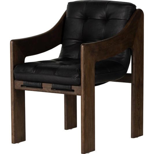 Halston Dining Armchair by Four Hands in heirloom black, terra brown ash. Made from top grain leather, solid ash, 100% polyester in a modern style.