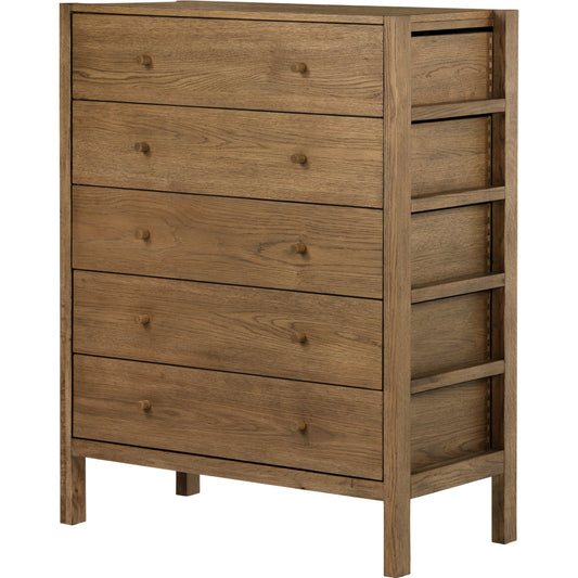 Meadow 5 Drawer Dresser by Four Hands in tawny oak. Made from solid oak, oak veneer in a modern style.
