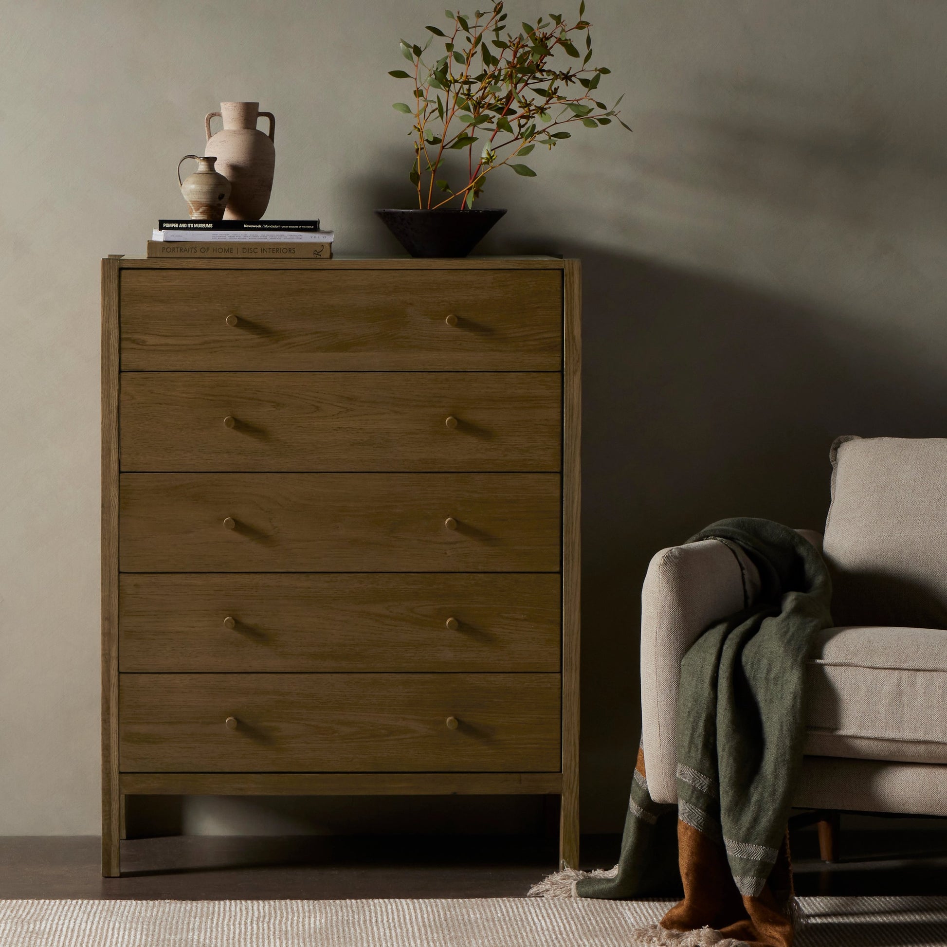 Meadow 5 Drawer Dresser by Four Hands in tawny oak. Made from solid oak, oak veneer in a modern style.