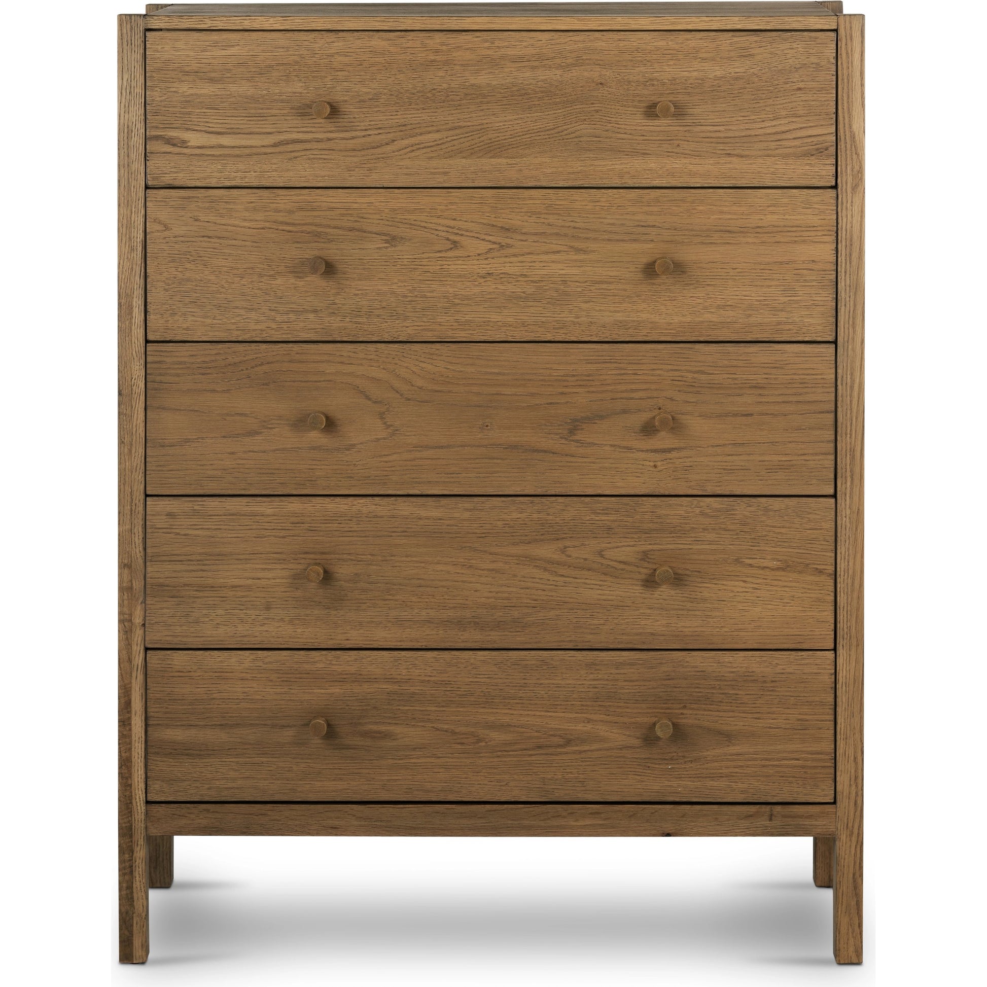 Meadow 5 Drawer Dresser by Four Hands in tawny oak. Made from solid oak, oak veneer in a modern style.