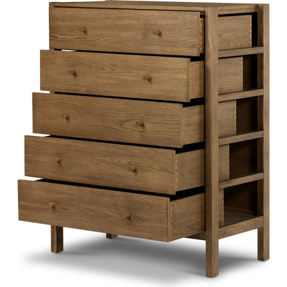 Meadow 5 Drawer Dresser by Four Hands in tawny oak. Made from solid oak, oak veneer in a modern style.