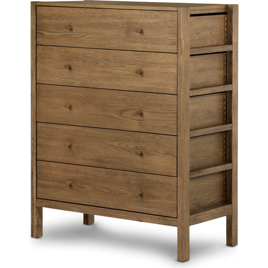 Meadow 5 Drawer Dresser by Four Hands in tawny oak. Made from solid oak, oak veneer in a modern style.