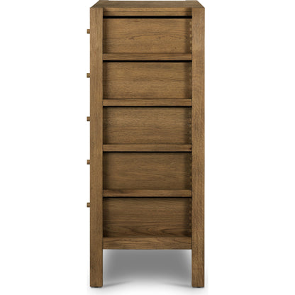Meadow 5 Drawer Dresser by Four Hands in tawny oak. Made from solid oak, oak veneer in a modern style.