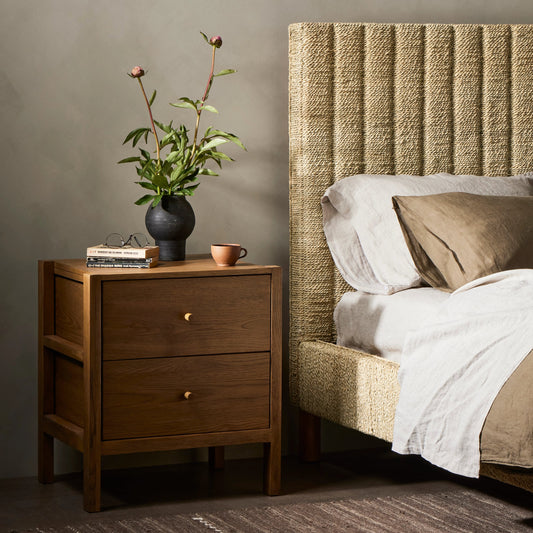 Meadow Nightstand by Four Hands in tawny oak. Made from solid oak, oak veneer in a modern style.