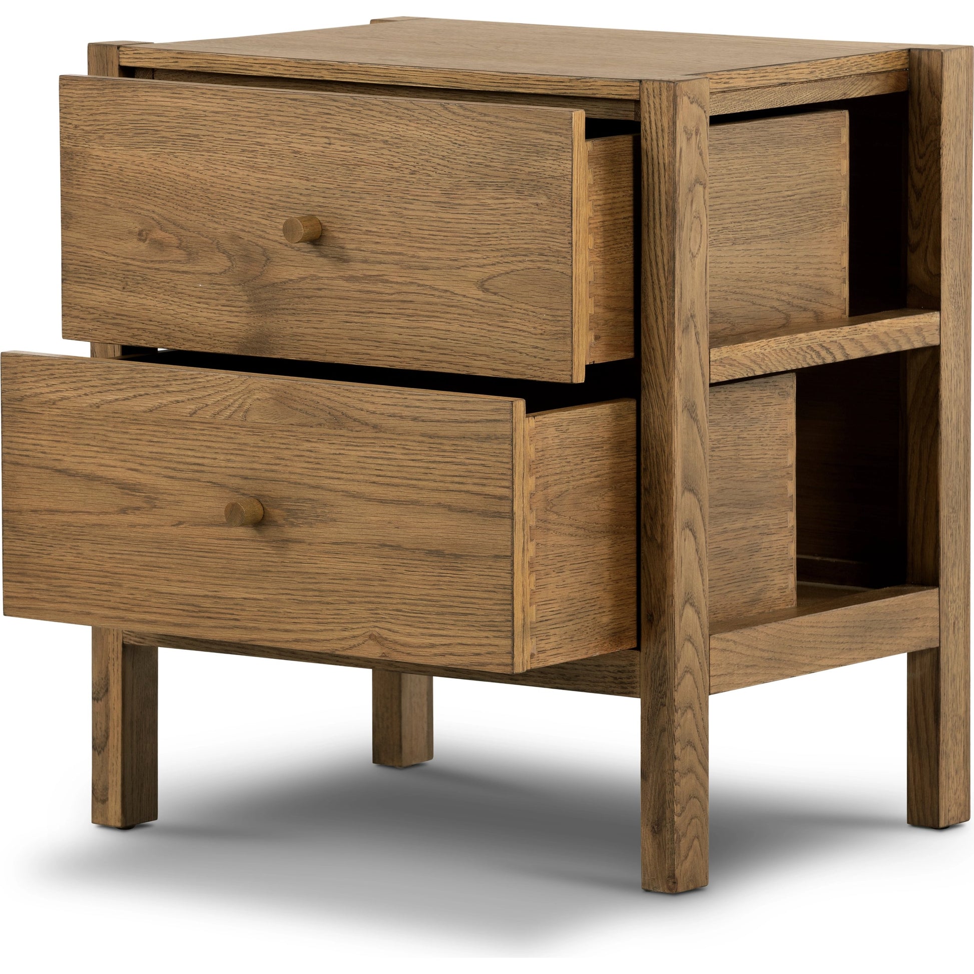 Meadow Nightstand by Four Hands in tawny oak. Made from solid oak, oak veneer in a modern style.