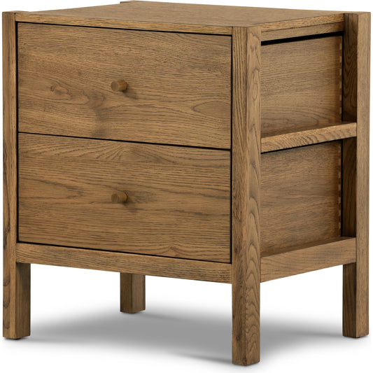 Meadow Nightstand by Four Hands in tawny oak. Made from solid oak, oak veneer in a modern style.
