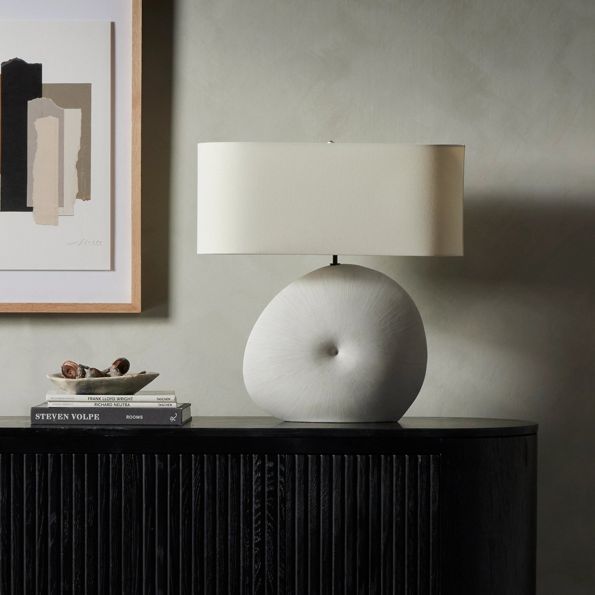 Busaba Table Lamp by Four Hands. Made from ceramic, 65% polyester, 35% flax, linen, thermoplastic in a modern style.
