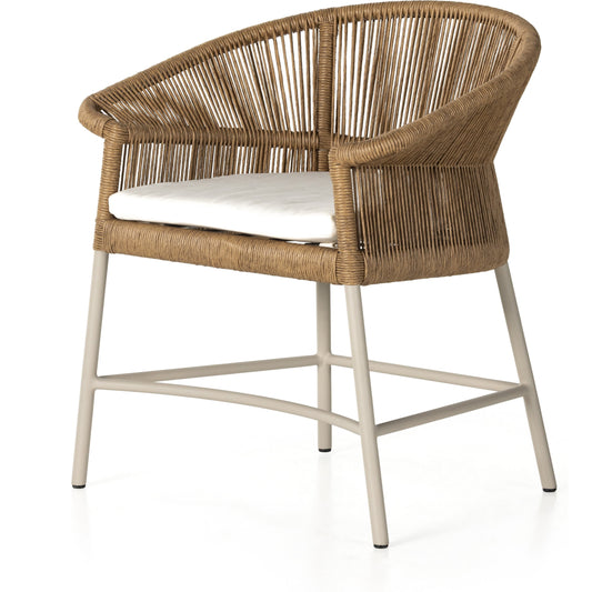 Irving Outdoor Dining Armchair by Four Hands in textured sand, dove taupe, natural ivory. Made from aluminum, 100% polyethylene, 100% olefin in a coastal style.