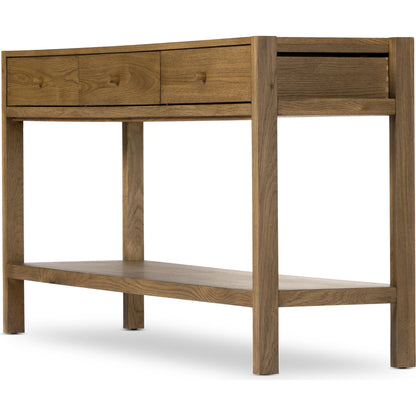 Meadow Console Table by Four Hands in tawny oak. Made from oak veneer, solid oak in a modern style.