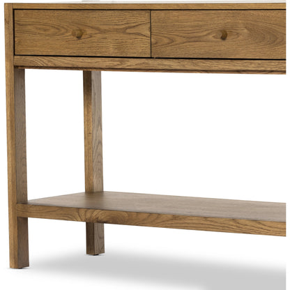 Meadow Console Table by Four Hands in tawny oak. Made from oak veneer, solid oak in a modern style.
