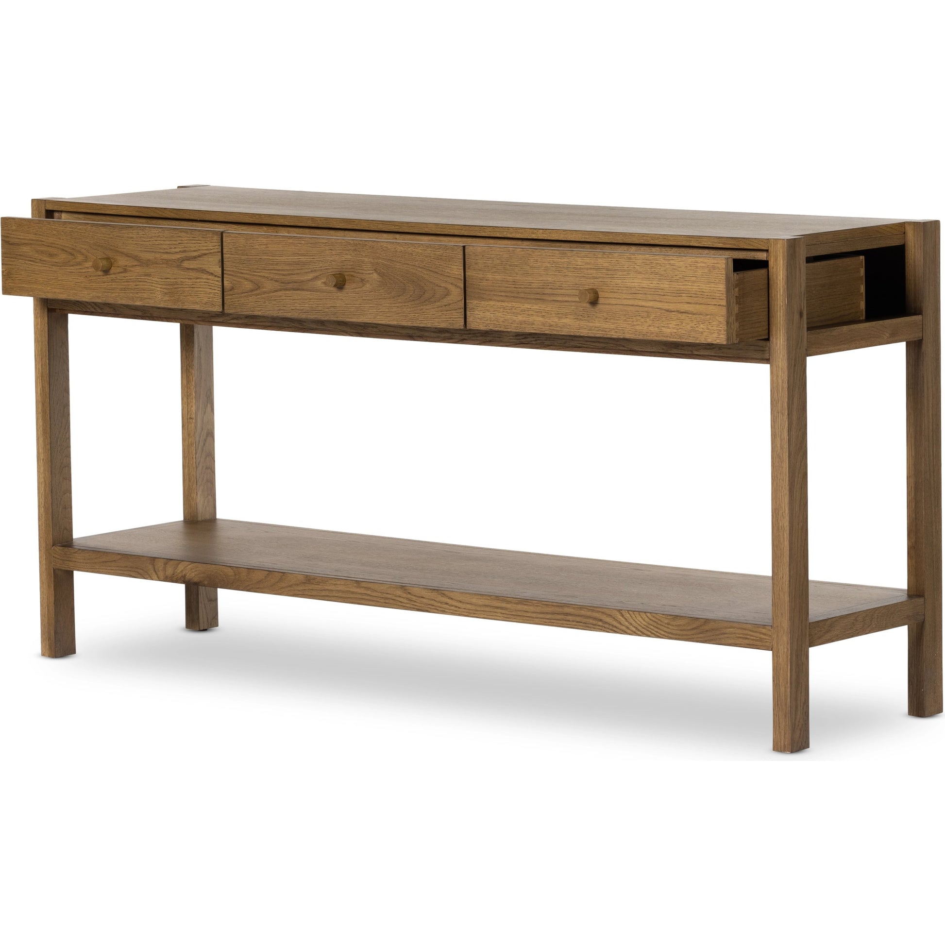 Meadow Console Table by Four Hands in tawny oak. Made from oak veneer, solid oak in a modern style.