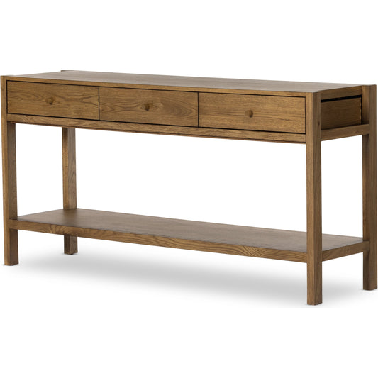 Meadow Console Table by Four Hands in tawny oak. Made from oak veneer, solid oak in a modern style.