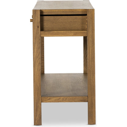 Meadow Console Table by Four Hands in tawny oak. Made from oak veneer, solid oak in a modern style.