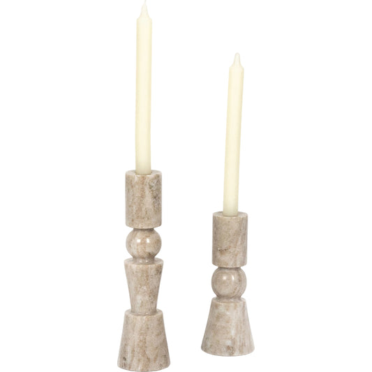 Rosette Taper Candlesticks (Set of 2) by Four Hands in creamy taupe marble solid and taupe. Made from solid marble in a modern style.