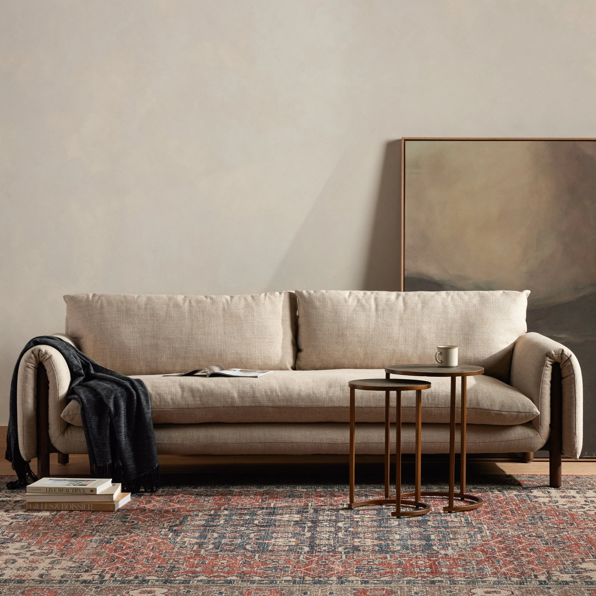 Fleming Sofa by Four Hands in alcala wheat, terra brown ash. Made from 70% polyester, 20% viscose (rayon), 10% flax, linen, solid ash, 100% polyester in a modern style.