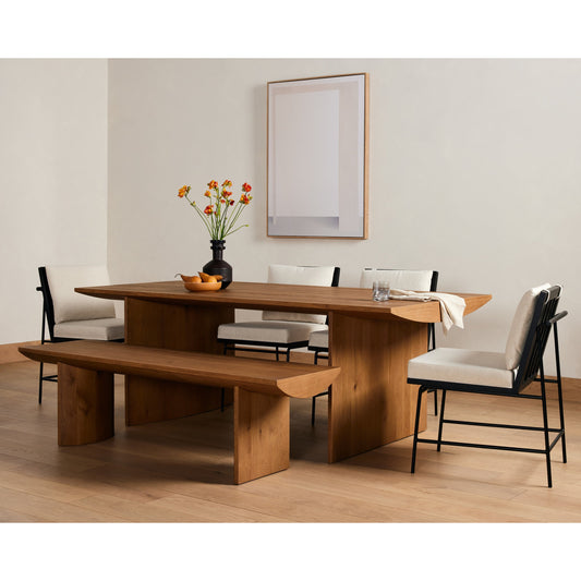 Pickford Dining Table by Four Hands in dusted oak thin veneer, dusted oak veneer and dusted oak. Made from thick oak veneer, engineered hardwood in a cottage & farmhouse style.