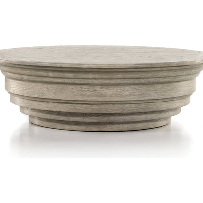 Caldwell Stone Coffee Table by Four Hands in weathered blonde pine, white marble and white marble. Made from solid marble, solid pine, poplar plywood in a cottage & farmhouse style.