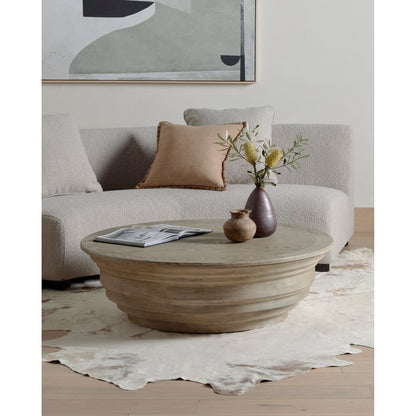 Caldwell Stone Coffee Table by Four Hands in weathered blonde pine, white marble and white marble. Made from solid marble, solid pine, poplar plywood in a cottage & farmhouse style.