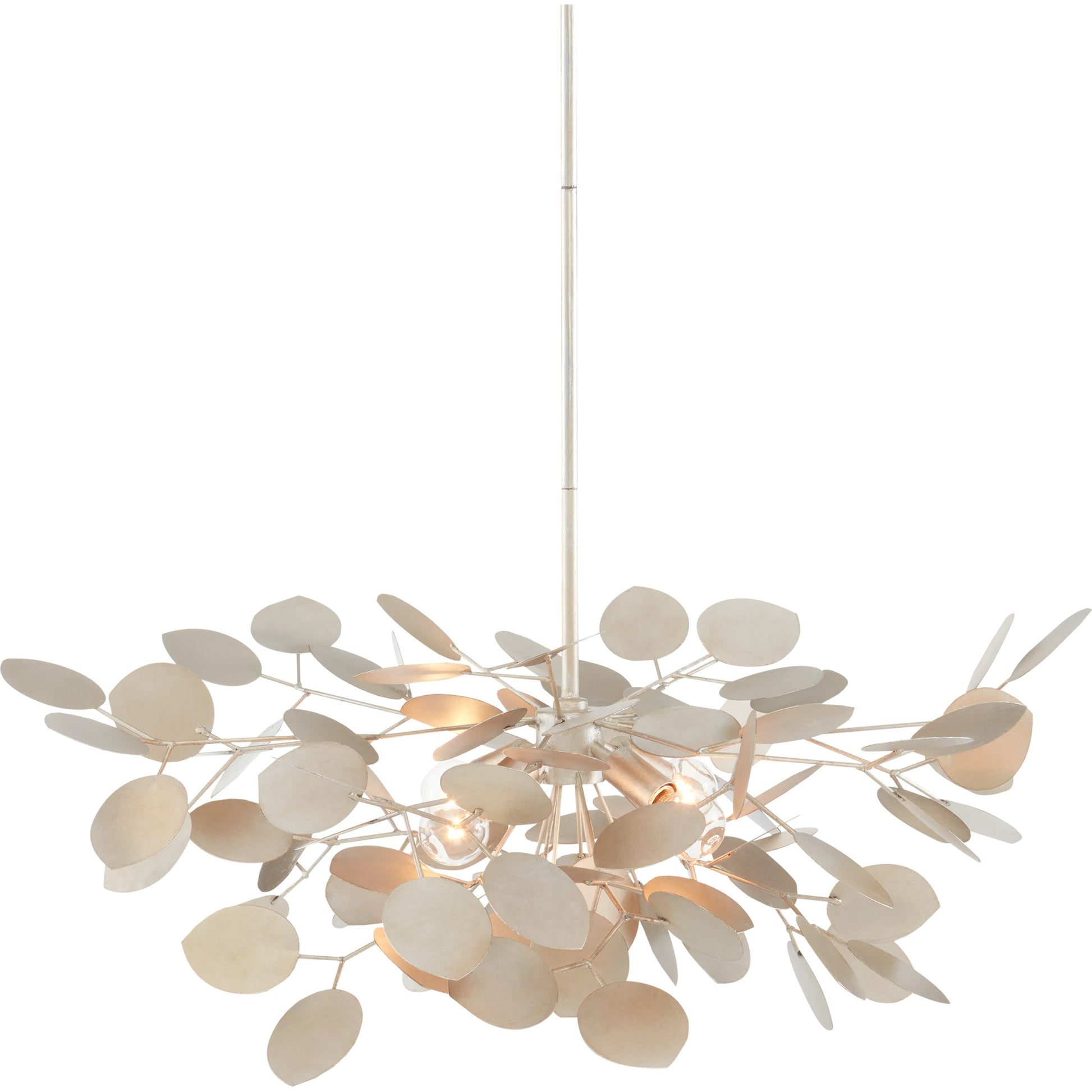 Lunaria Small Chandelier by Currey and Company in contemporary silver leaf. Made from wrought iron in a transitional style.