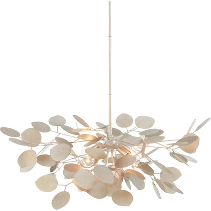 Lunaria Small Chandelier by Currey and Company in contemporary silver leaf. Made from wrought iron in a transitional style.
