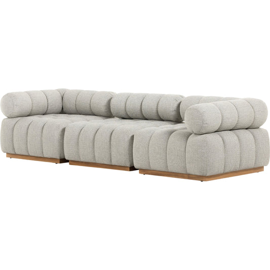 Roma Outdoor 3PC Sectional by Four Hands in faye ash and natural teak. Made from 100% olefin, solid teak, 91% polyurethane foam pad, 9% polyester fiber batting in a modern style.