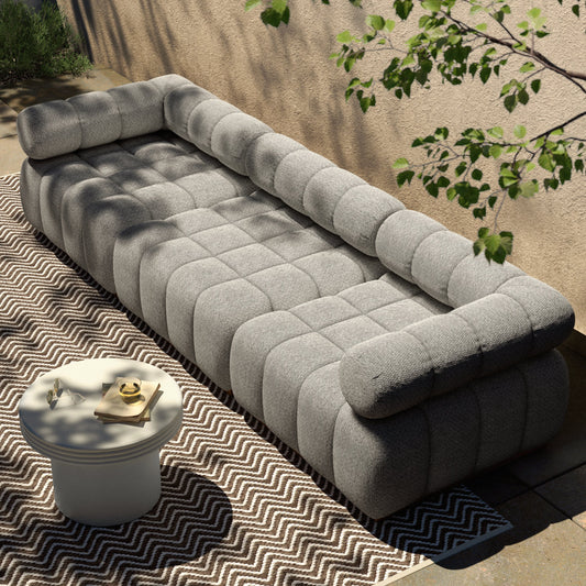 Roma Outdoor 3PC Sectional by Four Hands in faye ash and natural teak. Made from 100% olefin, solid teak, 91% polyurethane foam pad, 9% polyester fiber batting in a modern style.