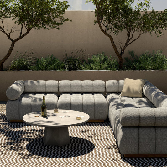 Roma Outdoor 5PC Sectional by Four Hands in faye ash and natural teak. Made from 100% olefin, solid teak, 91% polyurethane foam pad, 9% polyester fiber batting in a modern style.