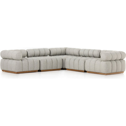 Roma Outdoor 5PC Sectional by Four Hands in faye ash and natural teak. Made from 100% olefin, solid teak, 91% polyurethane foam pad, 9% polyester fiber batting in a modern style.
