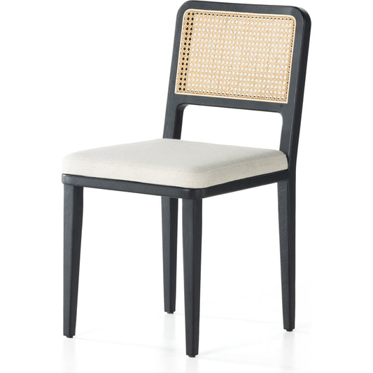 Veka Dining Chair by Four Hands in brushed ebony, savile flax. Made from 92% polyester, 8% flax, linen, solid beech, cane in a coastal style.