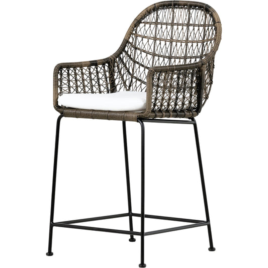 Bandera Counter Stool by Four Hands in distressed grey and natural black. Made from 100% olefin, iron, 100% polyethylene in a coastal style.