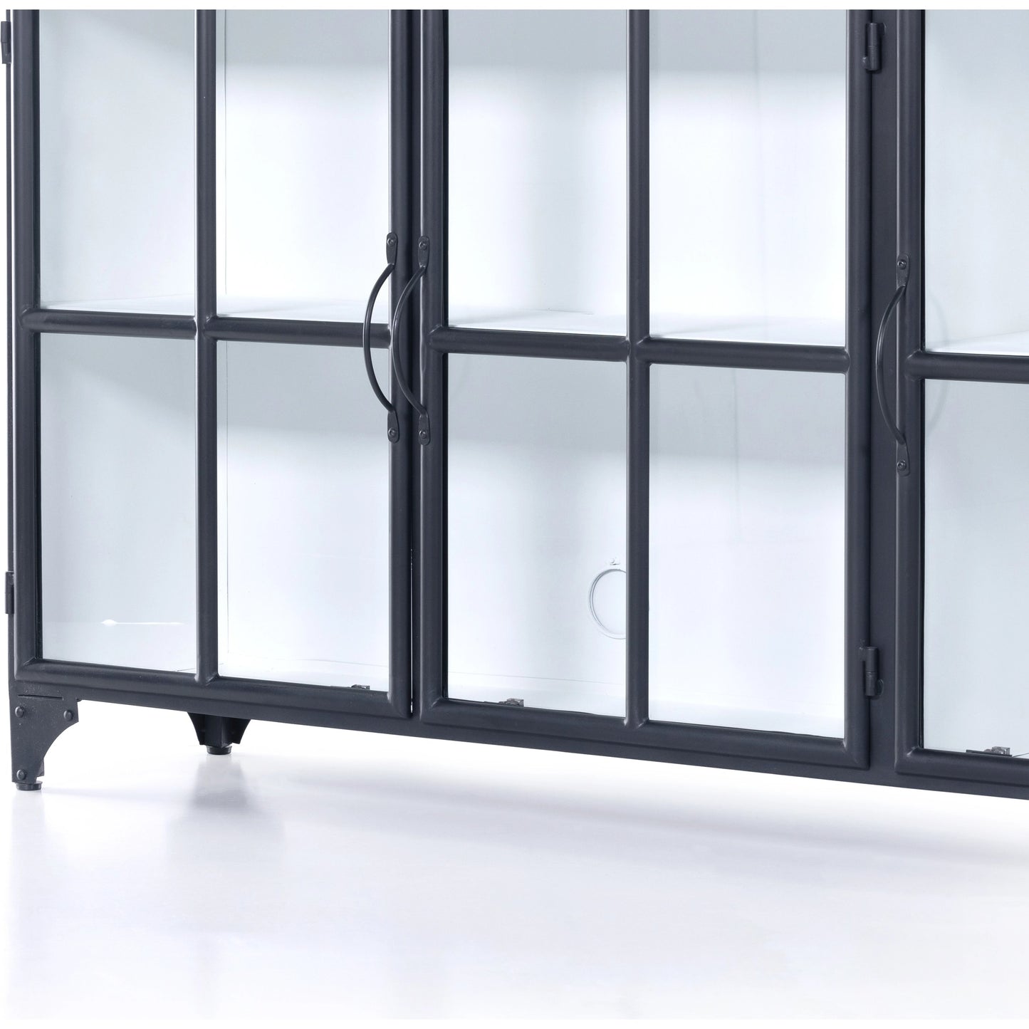 011 SI-2074165 | Closeup | Camila 3 Door Cabinet by Four Hands in black. Made from iron, tempered glass in a modern style.