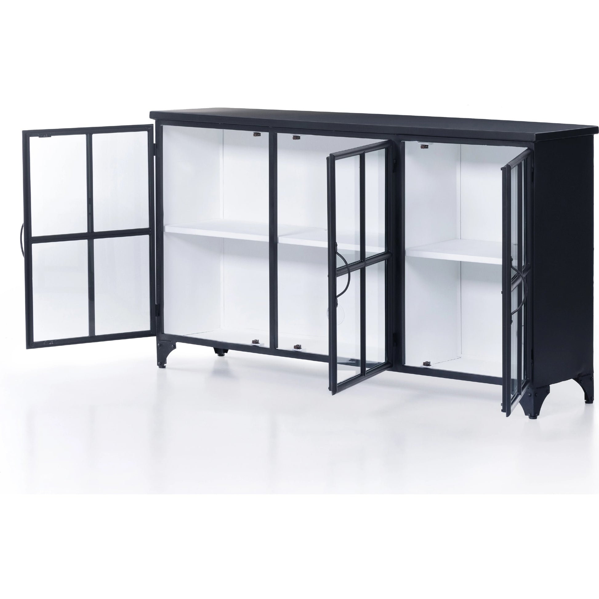 Camila 3 Door Cabinet by Four Hands in black. Made from iron, tempered glass in a modern style.