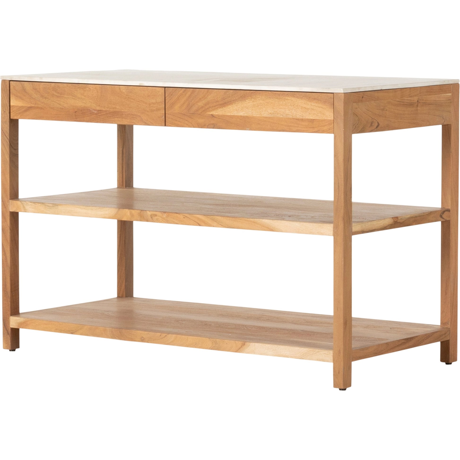 Indira Small Kitchen Island by Four Hands in smoked acacia, white marble. Made from solid acacia, solid marble, engineered hardwood in a modern style.