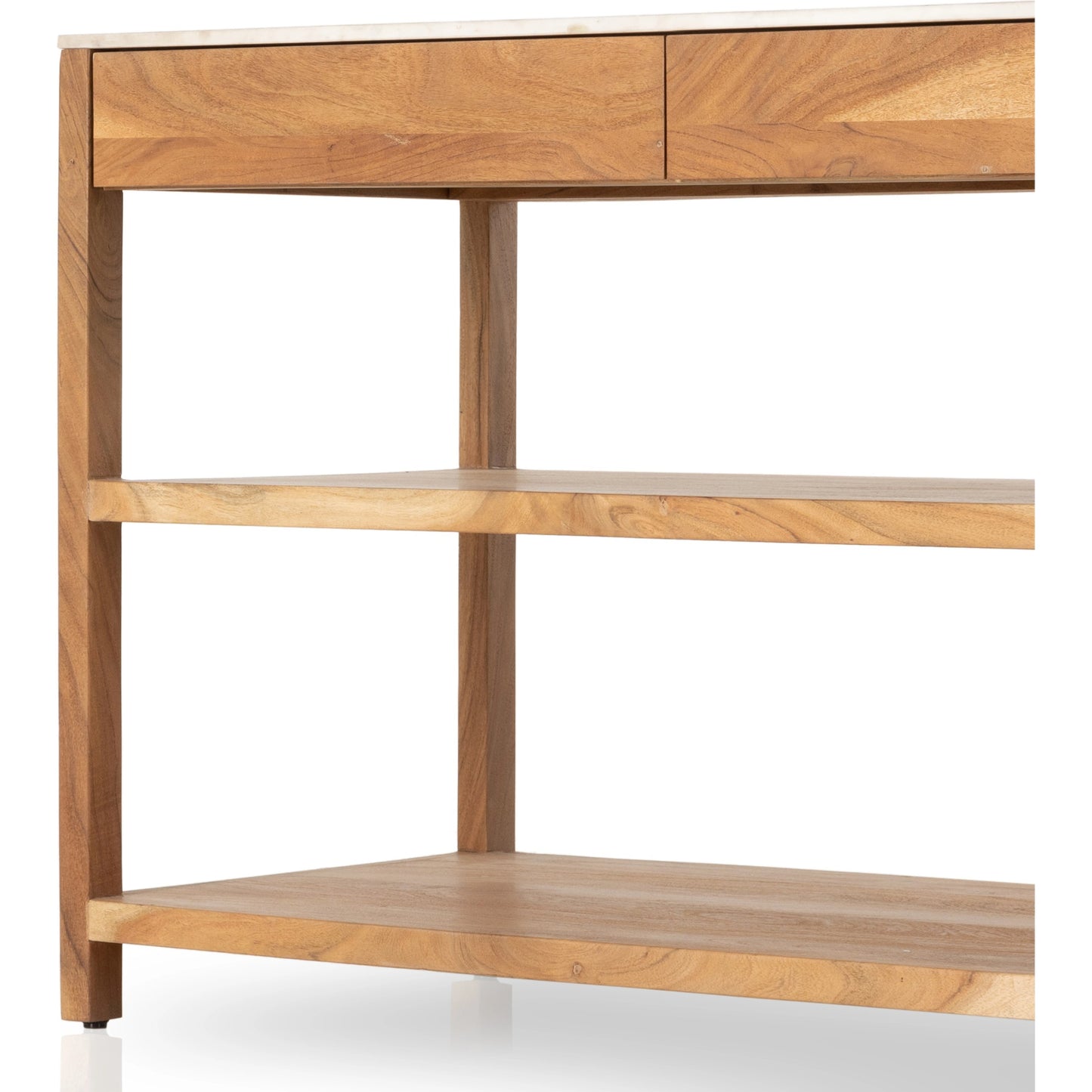 004 SI-1977401 | Closeup | Indira Small Kitchen Island by Four Hands in smoked acacia, white marble. Made from solid acacia, solid marble, engineered hardwood in a modern style.