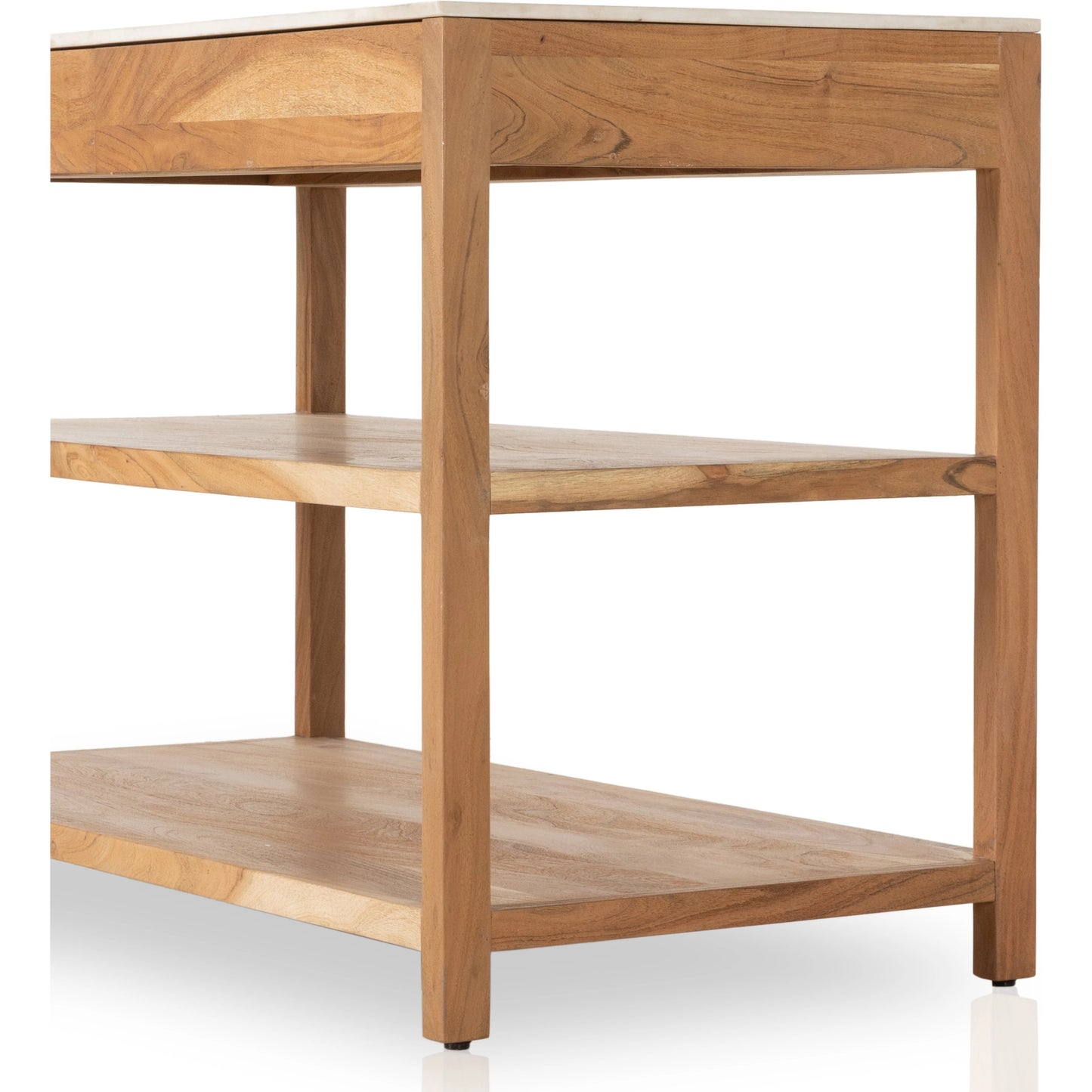 007 SI-1977401 | Closeup | Indira Small Kitchen Island by Four Hands in smoked acacia, white marble. Made from solid acacia, solid marble, engineered hardwood in a modern style.