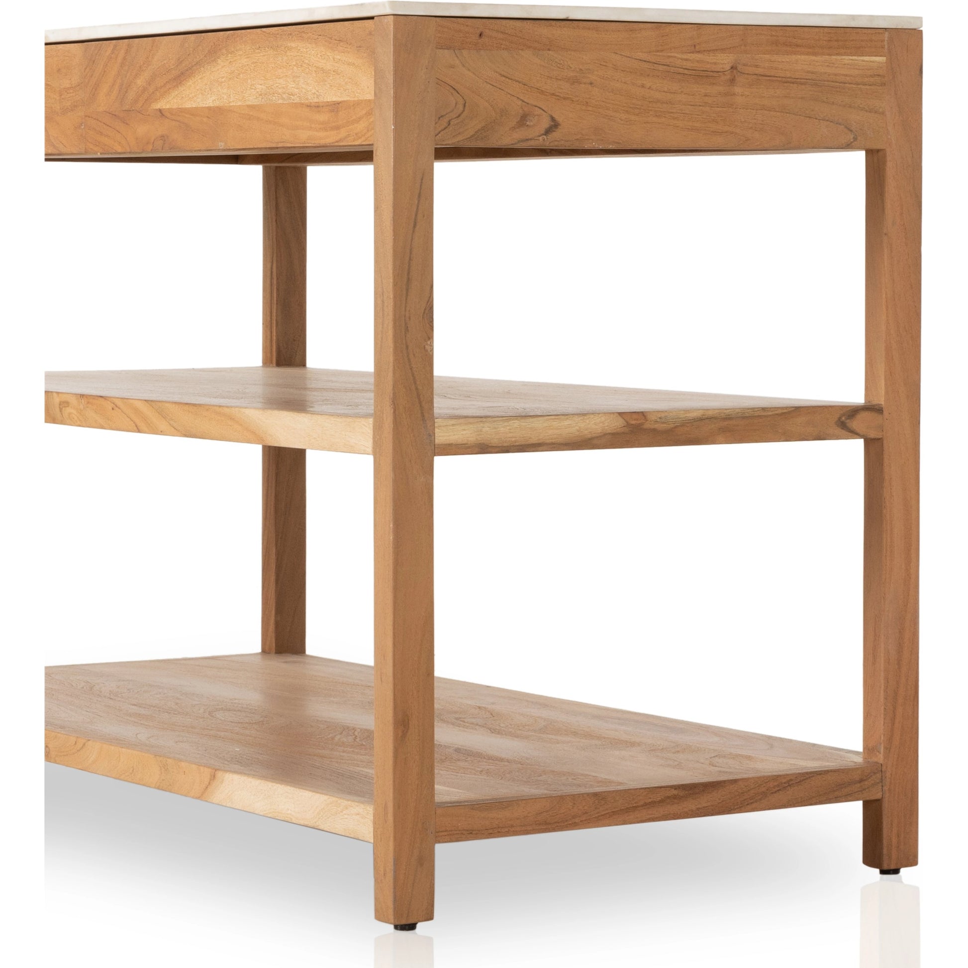 Indira Small Kitchen Island by Four Hands in smoked acacia, white marble. Made from solid acacia, solid marble, engineered hardwood in a modern style.