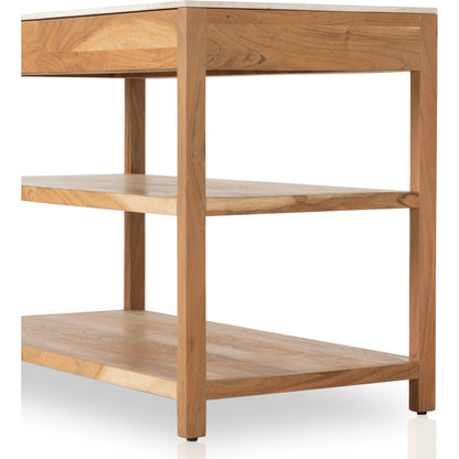 Indira Small Kitchen Island by Four Hands in smoked acacia, white marble. Made from solid acacia, solid marble, engineered hardwood in a modern style.