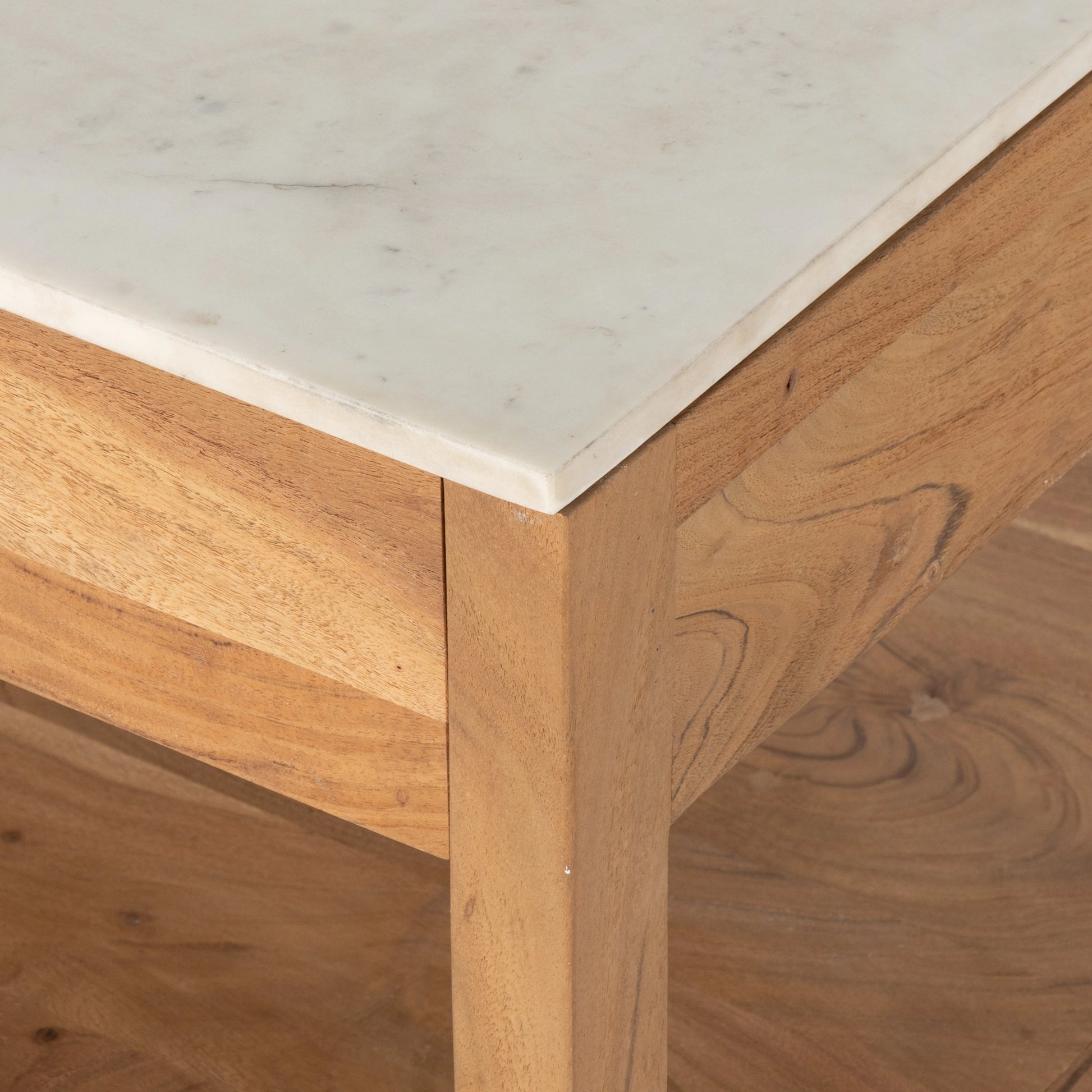 Indira Small Kitchen Island by Four Hands in smoked acacia, white marble. Made from solid acacia, solid marble, engineered hardwood in a modern style.