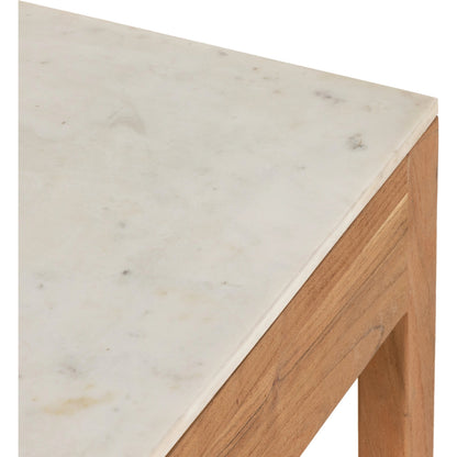 Indira Small Kitchen Island by Four Hands in smoked acacia, white marble. Made from solid acacia, solid marble, engineered hardwood in a modern style.