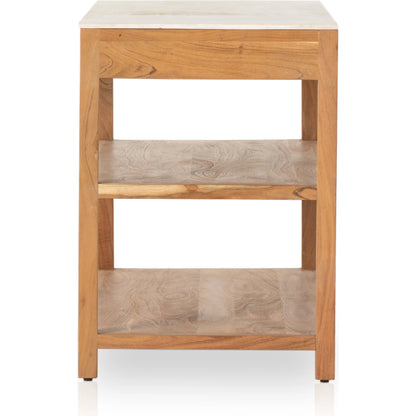 Indira Small Kitchen Island by Four Hands in smoked acacia, white marble. Made from solid acacia, solid marble, engineered hardwood in a modern style.