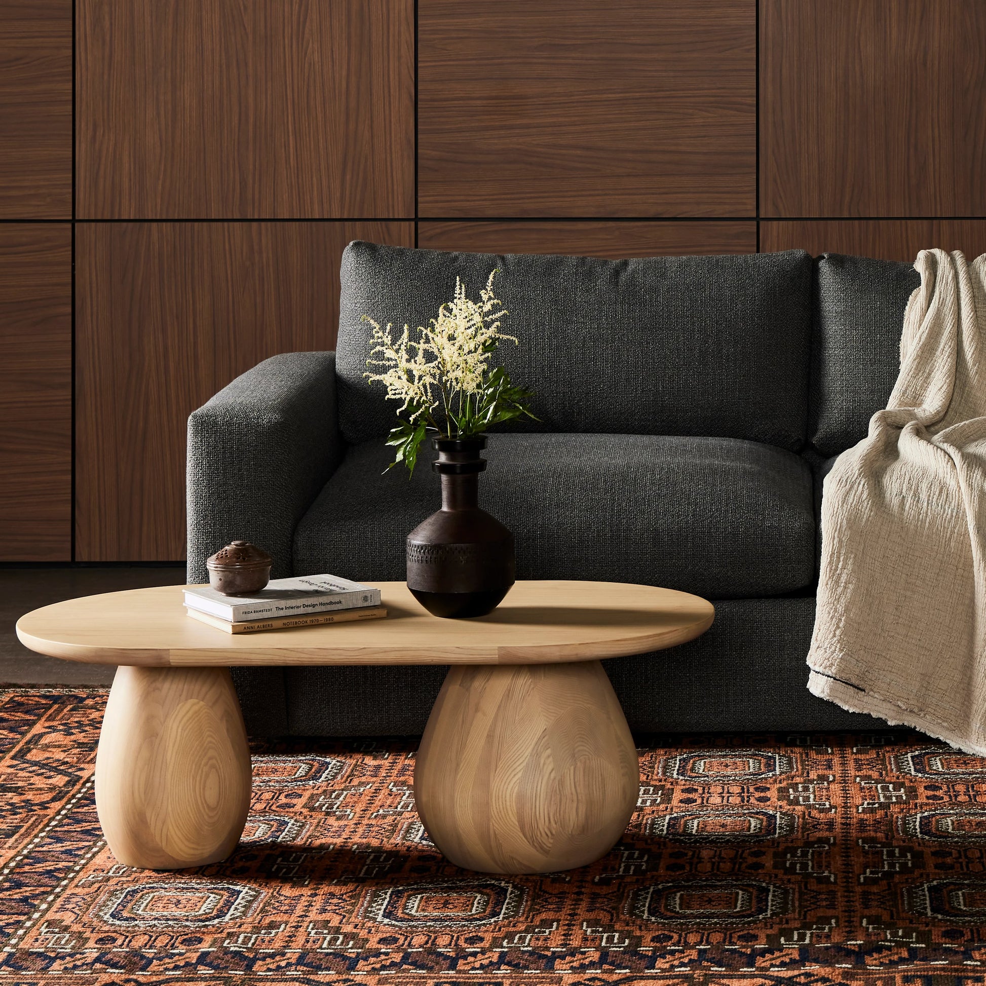 Merla Wood Coffee Table by Four Hands. Made from ash veneer, solid ash, engineered hardwood in a modern style.