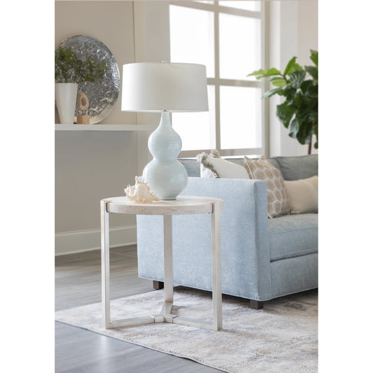 Denizen Round Lamp Table by Artistica Home in champagne silver leaf. Made from unique in a modern style.