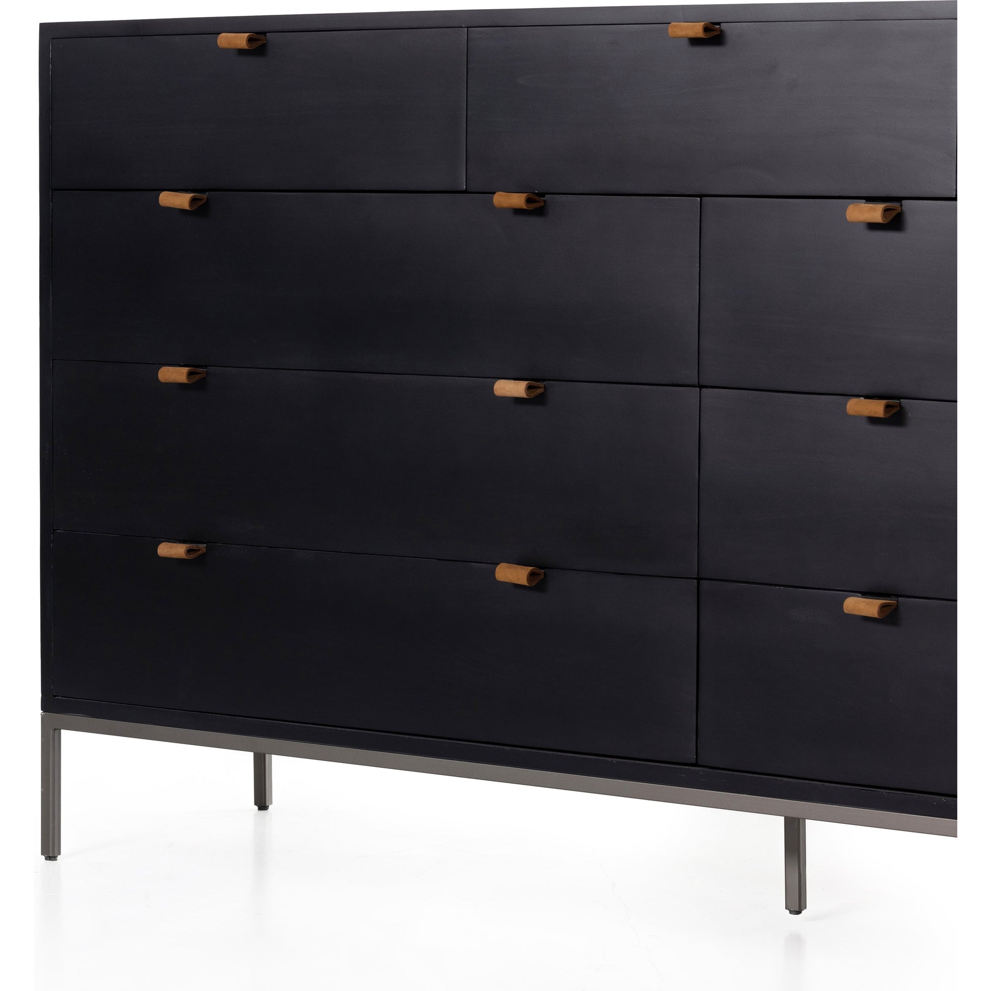 Trey 9 Drawer Dresser by Four Hands. Made from solid poplar, top grain leather in a transitional style.