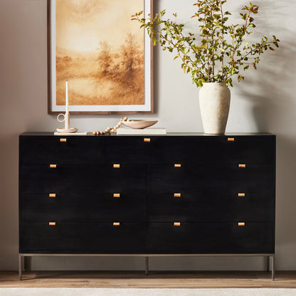 Trey 9 Drawer Dresser by Four Hands. Made from solid poplar, top grain leather in a transitional style.
